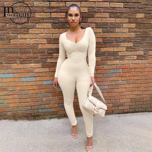 INWOMAN Autumn Sexy Black White Jumpsuit Women Outfits 2021 V Neck Long Sleeve Bodycon Jumpsuit Female Solid Clubwear Jumpsuits