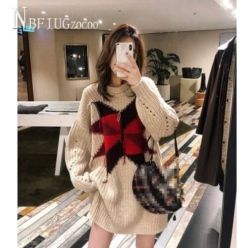 Geometry Knitting Round Neck Women Sweater Korean Pullover Female Sweaters