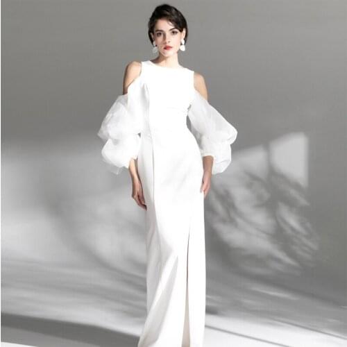 Dew Shoulder Flare Sleeve Jewel Floor-Length Party Wear Gown for Women Floor-Length Zipper-up Glamorous 2021 New Evening Dress