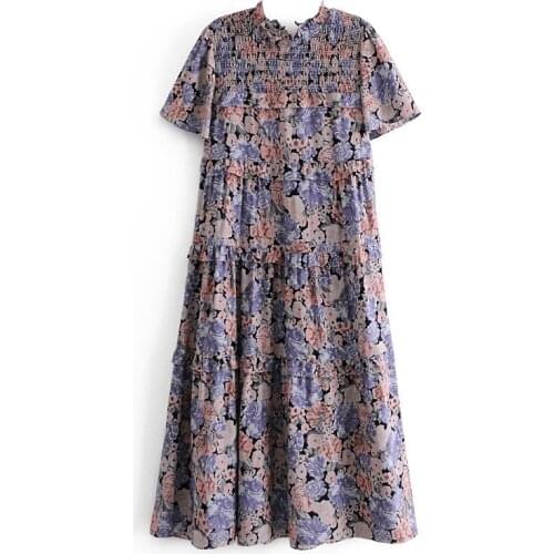 Summer Elegant Ruffles Mini Dresses for Women 2021 Vintage O-neck Short Sleeve Floral Printed Dress Cotton Vestido De Mujer