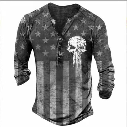 2021 Street Fashion Fall New And Old Style Buttons Long Sleeve Fashion T-Shirt Mens Classic Skull Print Loose T-Shirt Fall