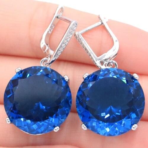 35x20mm Big Round 20mm Jewelry Set Created London Blue Topaz Womans Dating Silver Earrings Pendant
