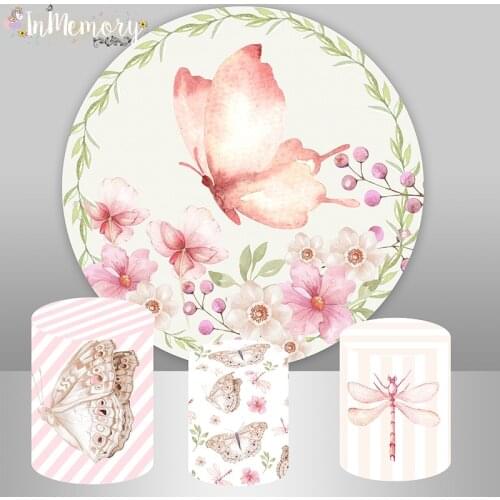 Watercolor Butterfly Circle Round Backdrop Custom Baby Shower Girl Birthday Party Decor Dessert Table Banner Flower Photo Studio
