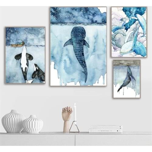 Watercolor Dolphin Shark Canvas Paintings Modern Wall Art Picture for Room Home Decor Abstract Blue Sea Animals Posters HD Print