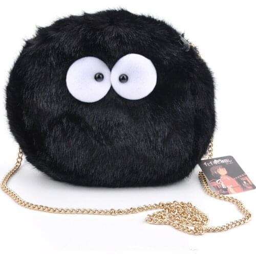 Anime cute Totoro Fairydust Plush Soft Crossbody Bag Susuwatari Shoulder Bags Cartoon Coin Purse Stuffed Black plush chain Bag
