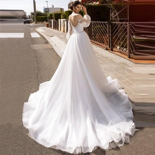 Sparkly Glitter Tulle Wedding Dress 2020 Long Sleeve Sweetheart Spaghetti Straps Beaded Floral Appliques Puffy Sleeves Tv11