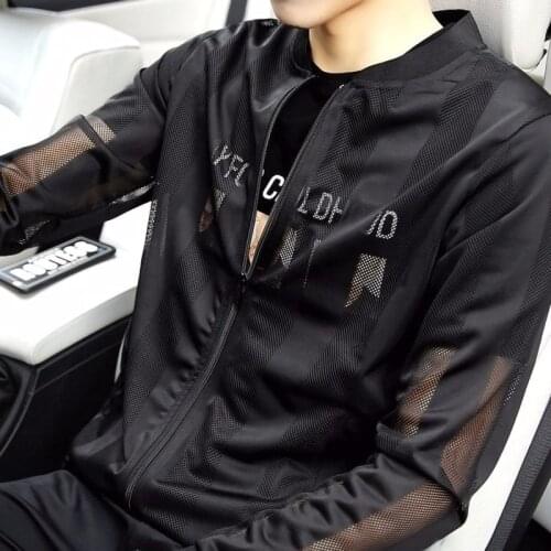 Outdoor Breathable Hollow out Bomber Jacket Men Thin Slim Beach Casual Coats Solid Color Black White Summer Tops
