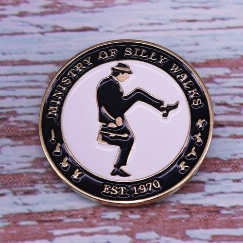 John Cleese Monty Python Flying Circus silly walks black comedy humour Satire metal and enamel pin brooch