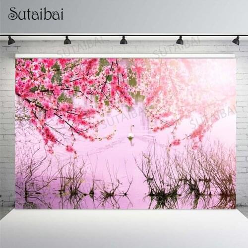 Cherry Blossoms Tree Swan Lake Backdrop Photography Background High Quality Computer Print Photo Wallpaper Wall Photo Studio