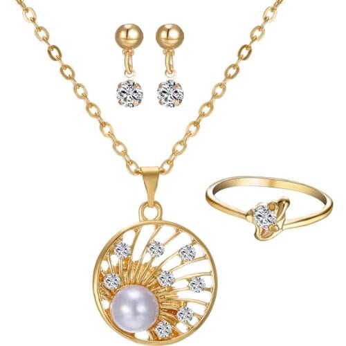 Gold Jewelry Set Simulated Pearl Pendant Necklace Earring Ring jewelry Set for women bride wedding jewelry