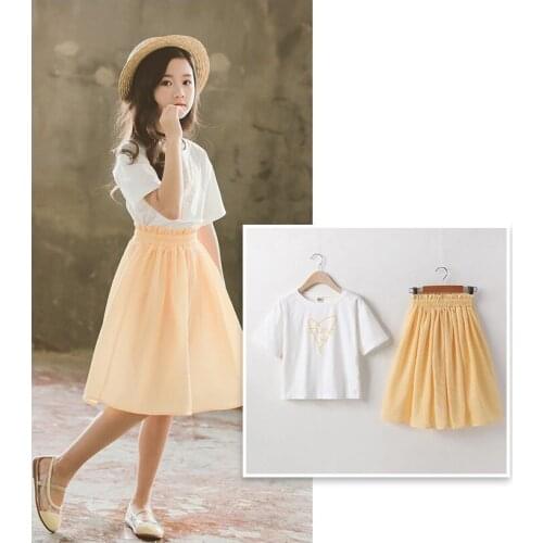 Girls summer suit dress new short-sleeved skirt girls big children skirt two sets of yellow comfortable and beautiful