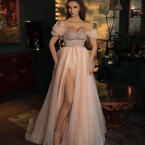 In Fashion A-Line Prom Dress 2022 Long Elegant Evening Party Gown Sexy High Side Slit Sweetheart Off Shoulder Saudi Arabia Style