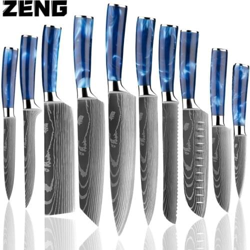 ZENG kitchen knives Set Exquisite blue resin handle Laser Damascus pattern Chef knife Santoku Cleaver Slicing Knives Best Gift