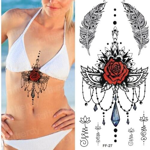 Fake temporary tattoo stickers waterproof hand rose tattoo Sternum tattoo stickers body arm tatoo flower Necklace feather design