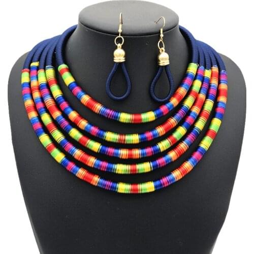 Hot Multilayer Choker Necklaces Earrings Jewelry Sets Women Bib Collar Statement Necklace Rope Magnetism Button Boho Jewelry