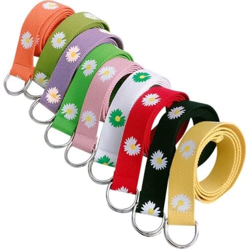 Women Canvas Belts Daisy Flower Printed D Ring Double Buckle Waist Strap Teenager Long Belt Jeans Trouser Harajuku Waistband