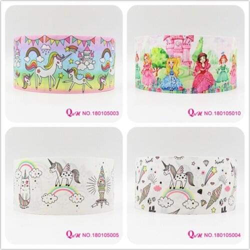 Q&N ribbon 16mm 22mm 25mm 38mm 50mm 75mm cartoon unicorn printed grosgrain ribbon webbing 50yards/roll for hair tie