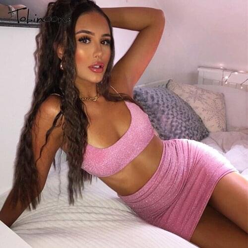 Tobinoone Fashion two pieces set women clothing elestic sexy crop tops and pencil skirt spaghetti strap two pieces outfits