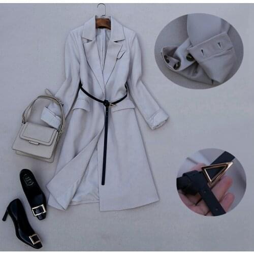 Women 2021 Spring New Arrival Casual Notched Collar Trench Belted Waist Medium Long Popular Ladies Wind Coats TN692