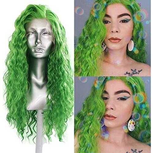 AIMEYA Long Loose Curly Wigs for Women Green Free Part 13x2.5 Natural Hairline High Temperature Cosplay Wigs