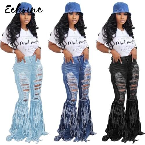 Hole Hollow Out Denim Pants Women Retro Solid Sexy Hole Jeans Ripped Flare Trousers Street Skinny High Waist Lady Pants 2XL XL