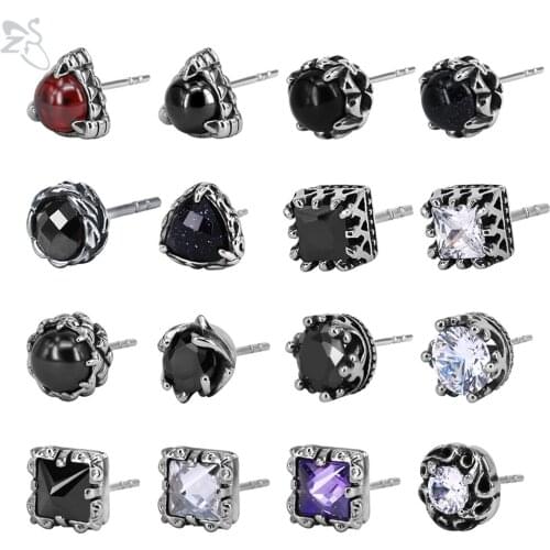 ZS 1 Pair Gothic Punk Stud Earring 316L Stainless Steel Ear Studs Crystal Earrings Women Men Vintage Retro Jewelry Unisex Gift