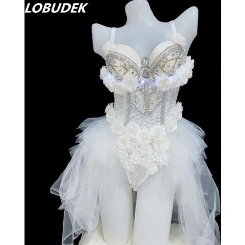 Bar Nightclub Women Electronic Light Dance Costume White Flower Luminous LED Bodysuit With Tail Sexy Singer Dancer Stage Clothes