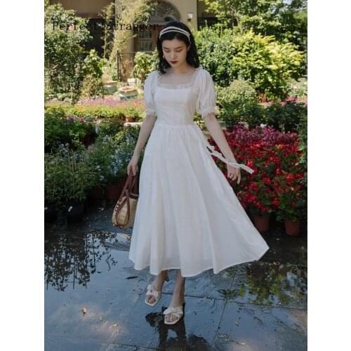 Vintage Style Dresses For Women 2021 Summer New Arrival Square Collar Lace Short Sleeve Women Long Dress White