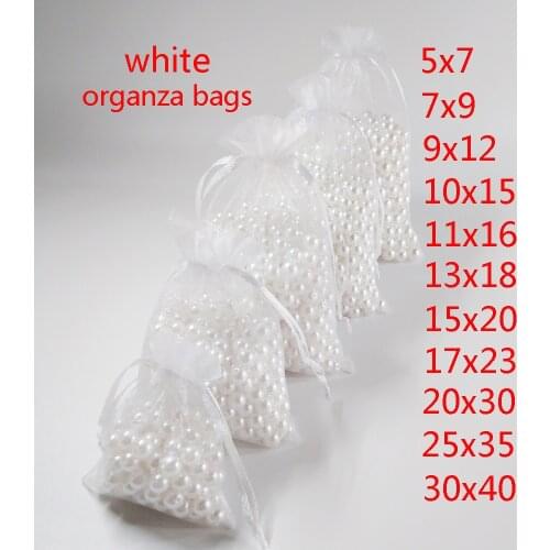 100pcs/lot Wedding Party White Organza Gift Bags Bag 7x9 9x12 10x15 13x18 15x20 17x23 20x30 30x40cm Jewelry Packaging Bags Pouch