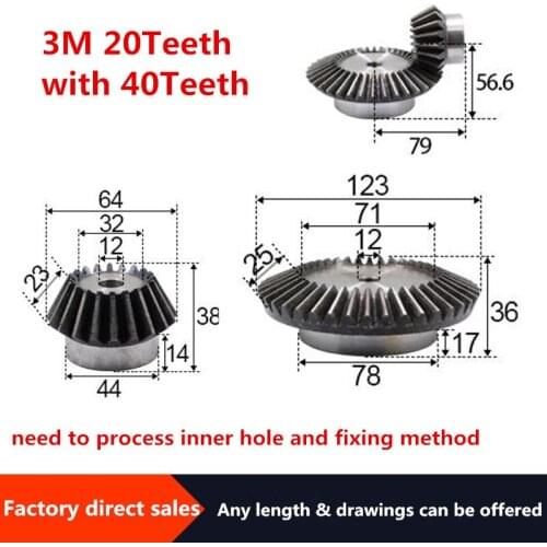 2pcs 1:2 Bevel Gear 3 Modulus 20Teeth +40teeth Inner Hole 12mm 90 Degree Drive Commutation Steel Gears Steel Gears Screw M5