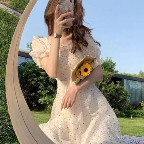 2021 Summer Floral Sweet Dress Short Sleeve Chiffon Elegant Dresses Square Collar Party Dress Female Dot RV645