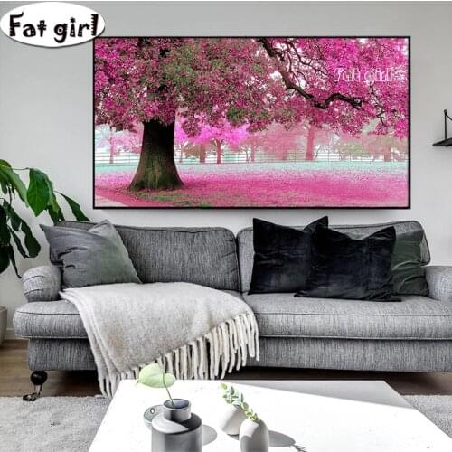 5D Diy Diamond Painting Embroidery Abstract Pink Cherry Tree Full Round Square Mosaic Rhinestones Landscape Decor Needlework