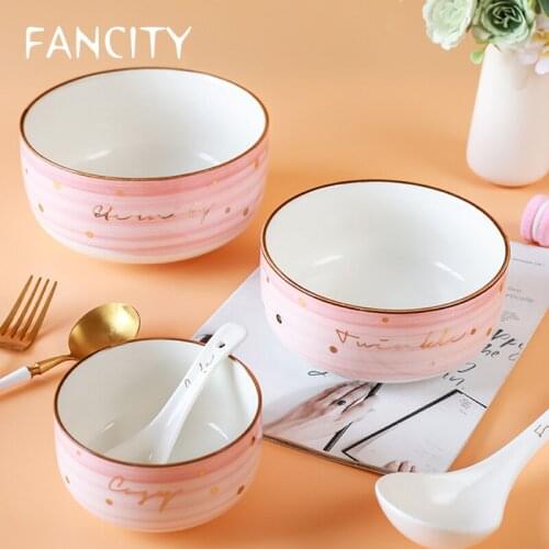 FANCITY Household cute rice bowl, ceramic dish bowl, noodle soup bowl, soup bowl