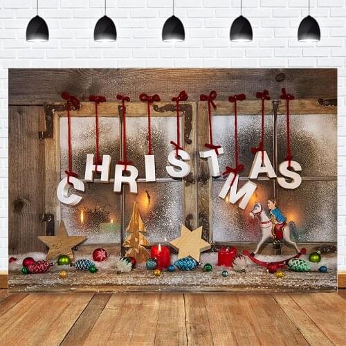 Merry Christmas Photo Background for Photography Window Themed Wooden Winter Christmas Party Photo Backdrop Props Bell Toys