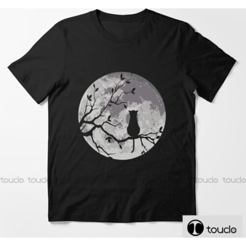The Cat And The Moon Unisex Black Tshirt Men T Shirt Retro Graphic T Shirts 100% Cotton T-Shirt Man Woman Tees Tops Unisex