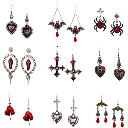 Halloween Dark Punk Gothic Earrings Festival Bat Cross Coffin Thriller Creative Jewelry Wild Rose Heart Blood Eye Drop Oil Bat