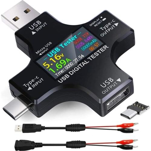 HOT-USB C Tester,2 in 1 Type C USB Tester Color Screen IPS Digital Multimeter,Voltage,Current,Power,Resistance,Temperature,with