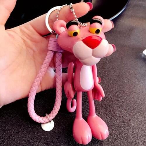 Cartoon PVC Pink Panther Action Figure Toys With Leather Rope Holder Metal Bell Pink Panther Keychain Pendant Kids Adult Gift