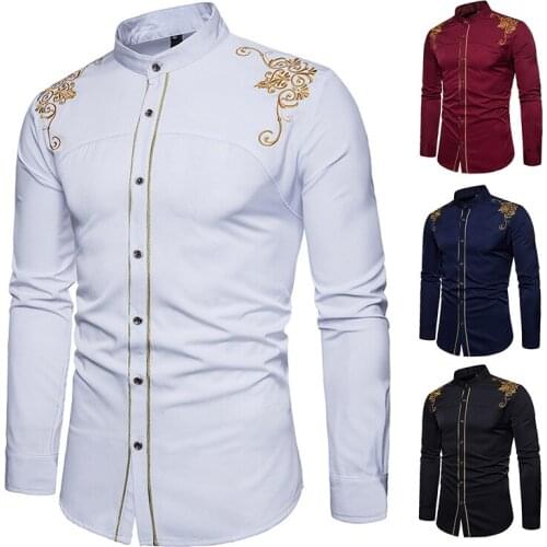 Mens Shirts Shoulder Embroidery Palace Style Cardigan Shirts USA/EU Size Solid Color Stand Collar Slim Type Long Sleeve Tops