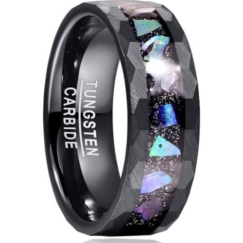Nuncad 8mm Starry Sky Bottom Abalone Shell Edge Hammered Lasa Black Tungsten Carbide Ring Mens Rings