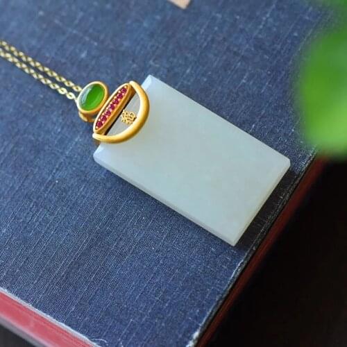 Natural Hetian Jade Lucky Pendant Pendant Womens Hetian Jade Necklace Womens Genuine Tranquility and Peace Plate Lucky Pendant