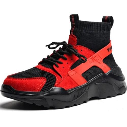 New Casual Sneakers Men Fall Winter High Top Men Shoes Leather Fabic Upper Sock Shoes Black Red Sapato Masculino N3-84
