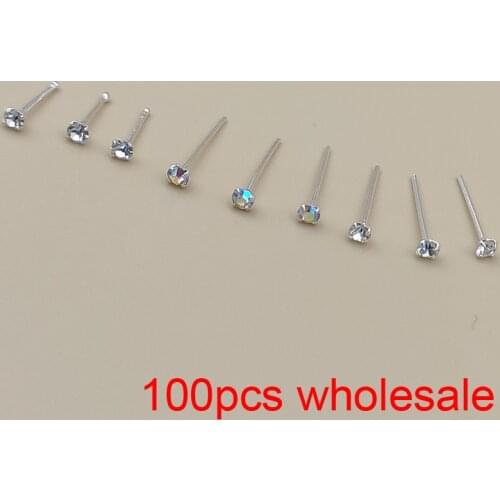 Wholesale 100 pcs/lot 925 Sterling silver 2mm clear crystal nose Stud bone nose piercing jewelry