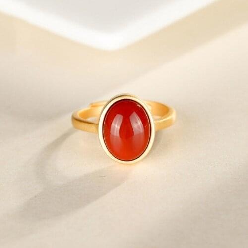 Natural South Red chalcedony oval opening adjustable ring Chinese retro Bohemian elegant womens silver jewelry