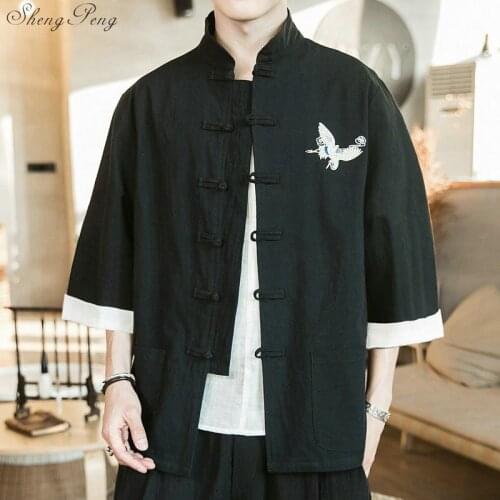 M-5XL Japanese Streetwear Kimono Shirt Men Chinese Dragon Embroiderd 3/4 Sleeve Collarless Shirts Cotton Office Wear 5XL V1856