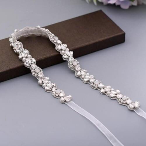 OLOMLB Silver Crystal Wedding Belt With Pearls Rhinestones Ribbons Bridal Belt Sash For Wedding Dress
