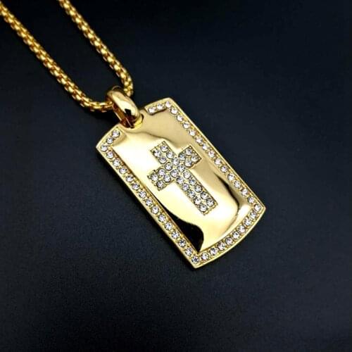 Hip Hop Rock Iced Out Rhinestones Bling Gold Color Stainless Steel Cross Square Pendant Necklace Dog Tag for Men Rapper Jewerly