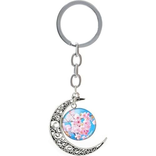 Splendid Peach Blossom Photos Moon Charm Keychains Spring Pink Flowers 20mm Glass Pendant Key Ring For Lovers