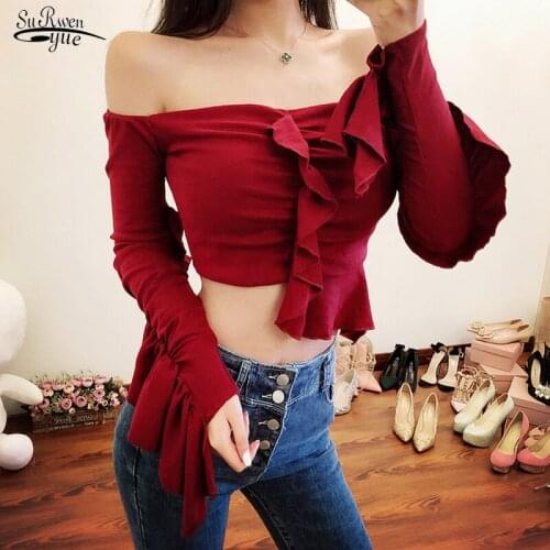 Short Slash Neck Sexy Women Tops Blouses Ruffled Long Sleeve Dames Blouse New Spring Cotton Casual Solid Shirts For Women 12575