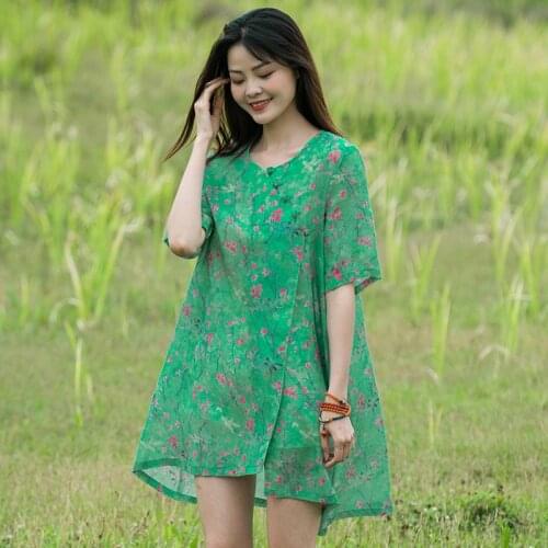 Women Summer Ramie Printed Shirts Tops Ladies Vintage Print Blouse Female 2020 Ramie Shirt